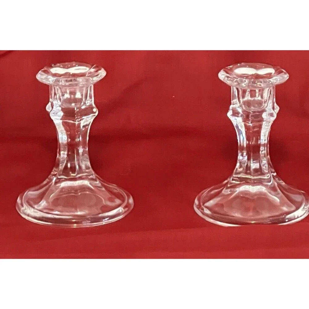 Clear Glass Crystal Candlestick Holders Pair Set Of 2 USA Vintage 4 in